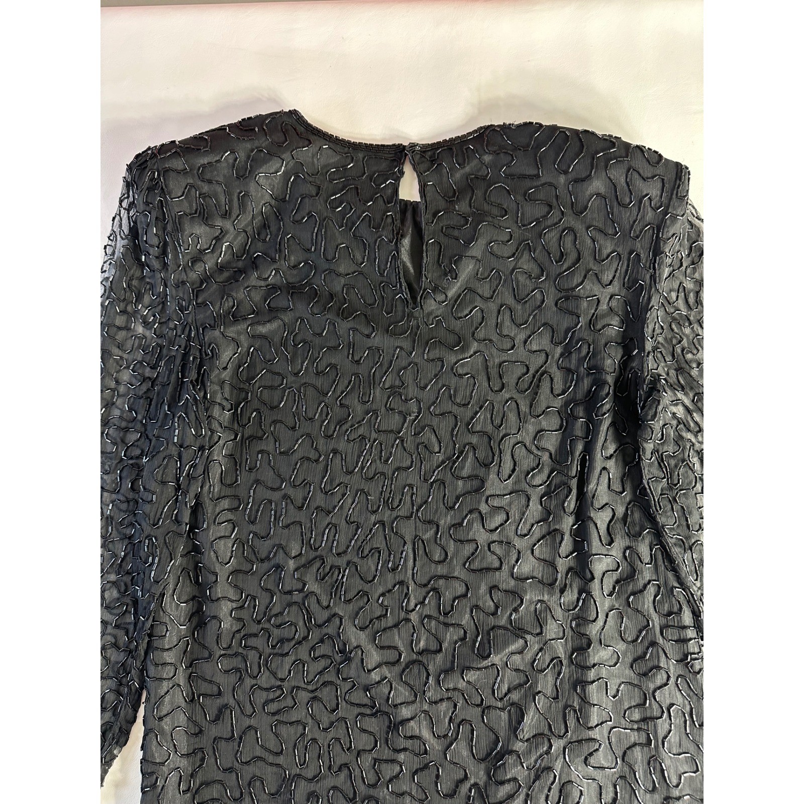 Sweelo Vintage Black Beaded Silk Top Sheer Long Sleeve Evening Blouse Small 6-8