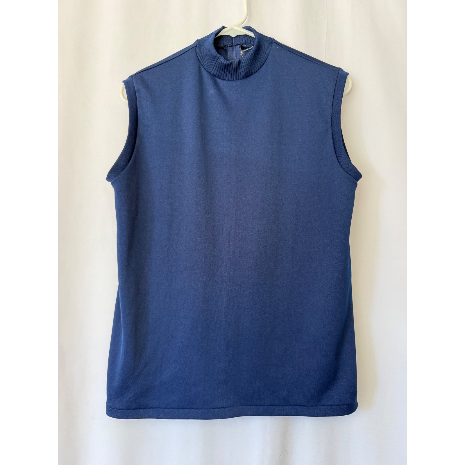 Vintage Navy Blue Sleeveless Mock Neck Top Ribbed Knit Shell Zipper Back