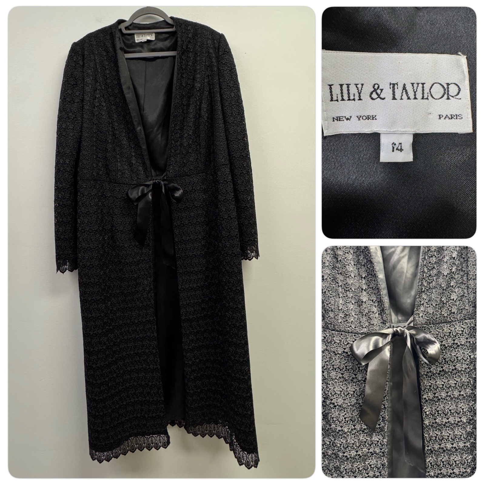 Vtg Lily & Taylor Black Satin Lace Overlay Duster Ribbon Tie Jacket 14
