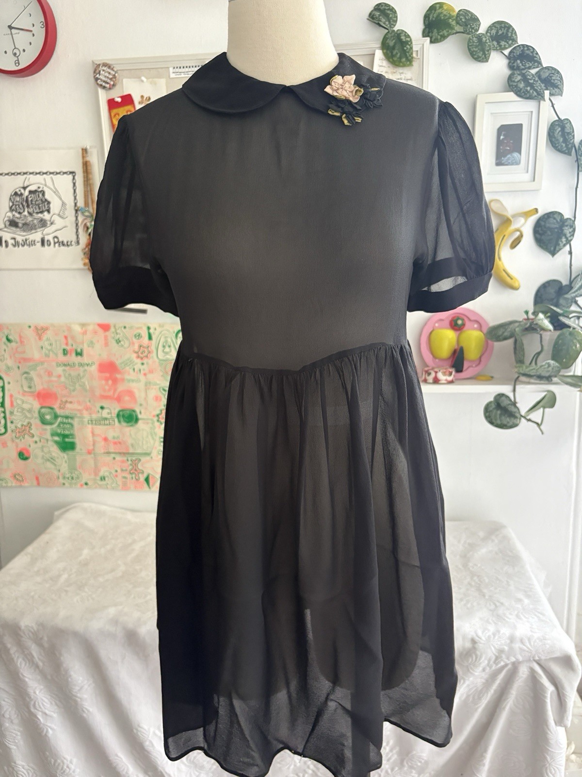 Anna Molinari Blumarine Vtg Black sheer silk babydoll dress Peter pan collar Sm