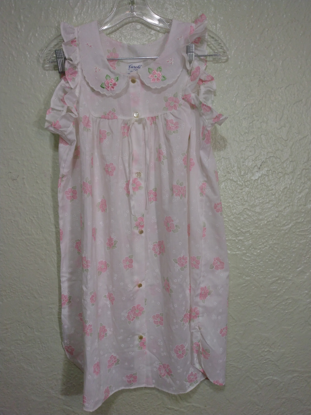 Vintage Carole Nightgown Sleeveless White w/Pink Flowers Sz Small Button Up USA