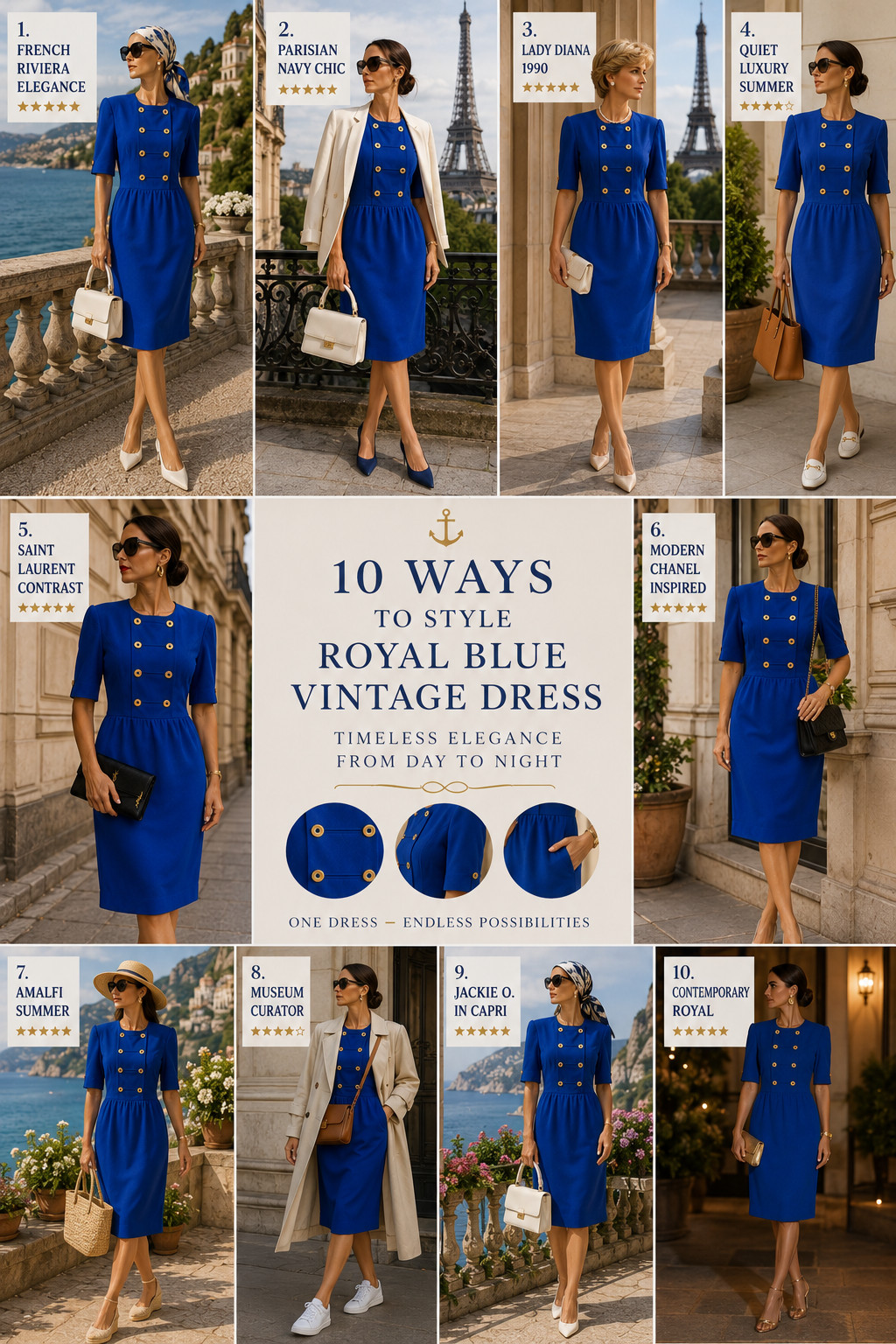 Vintage Dress Royal Blue Gold Buttons Navy Style 80s 90s Size 42 44