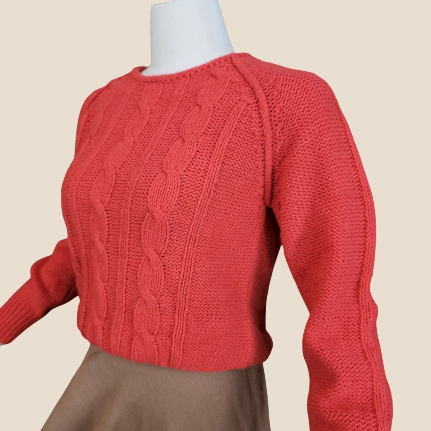 Vintage 1970s Pullover Sweater Orange Red Long Sleeve Cable Knit Retro Cozy