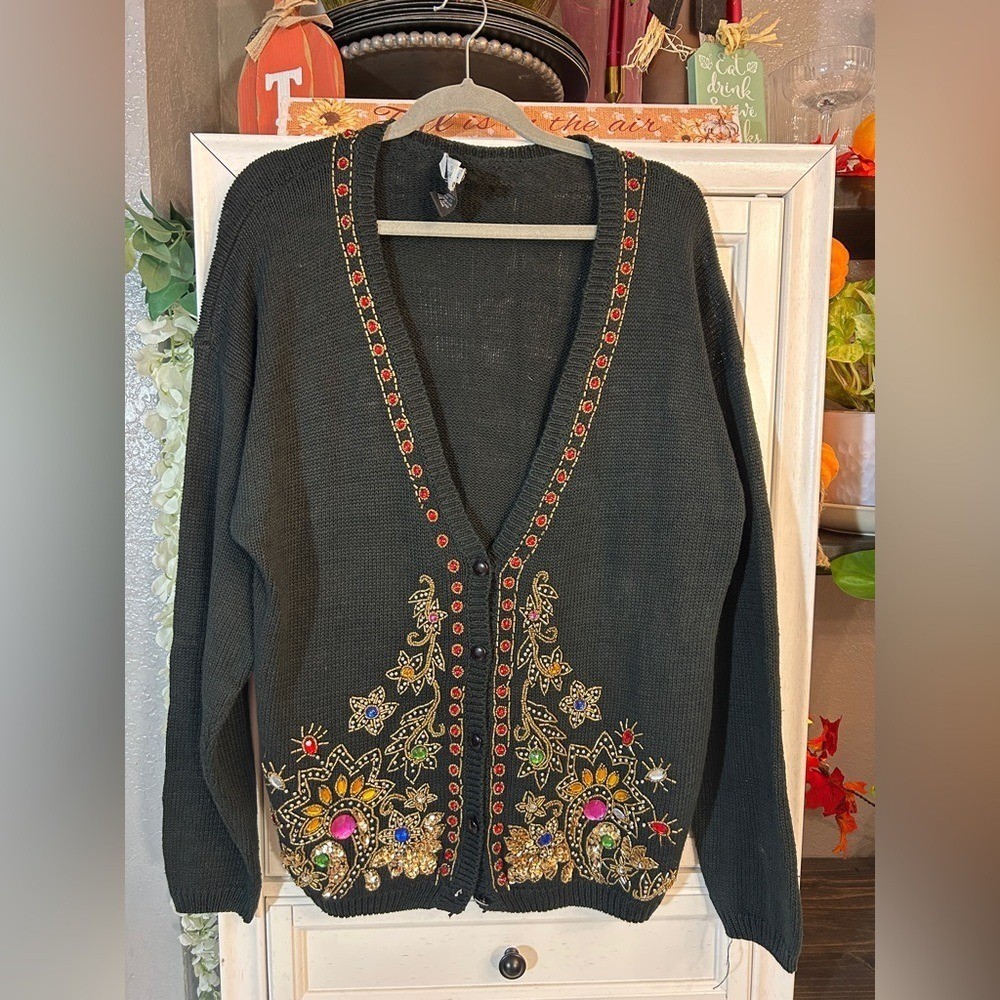 Vintage Black Beaded Sequin Gemstone Floral Cardigan Sweater Large Holiday