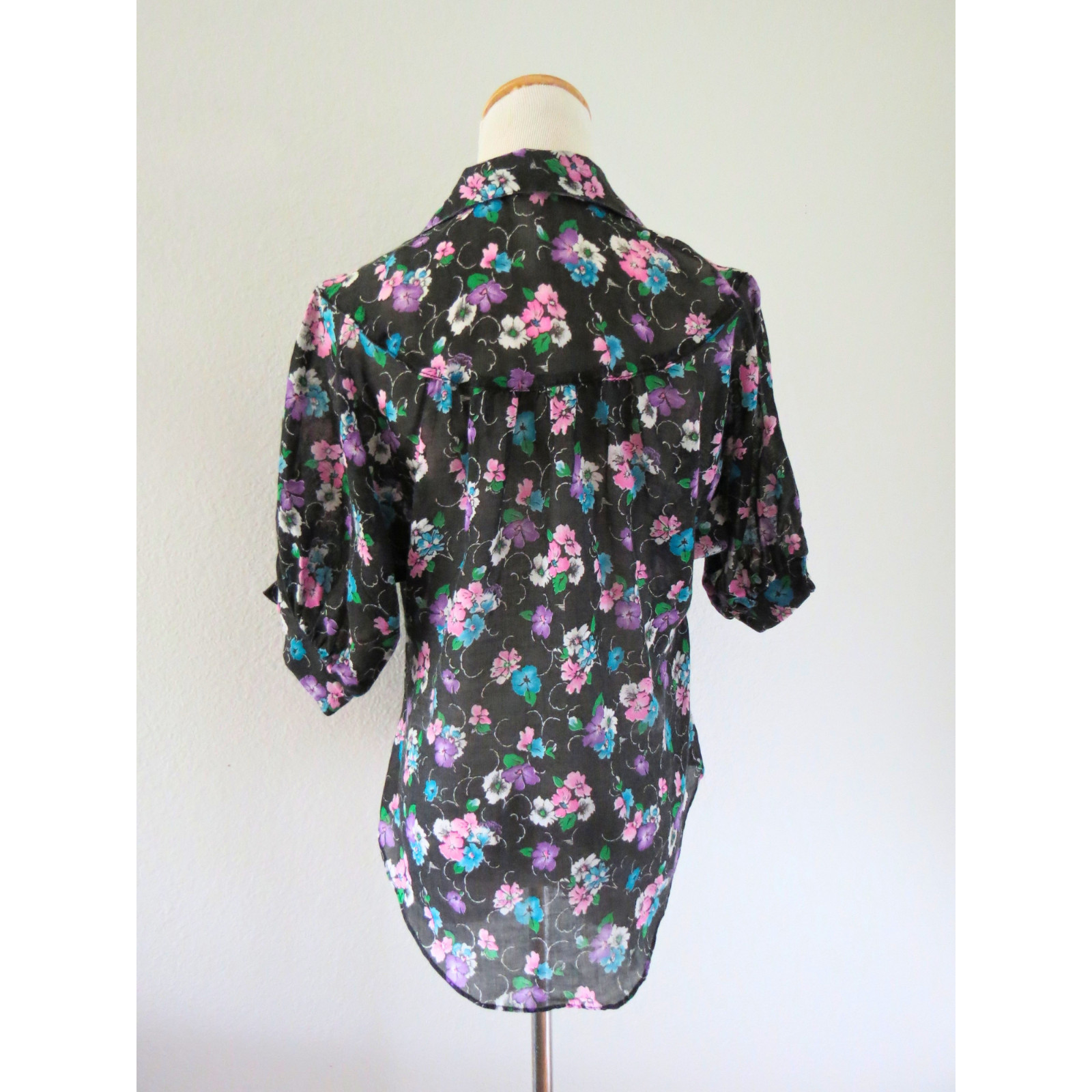 Vintage 1970s Sheer Floral Blouse – Black Button Down Shirt – 70s Boho Top