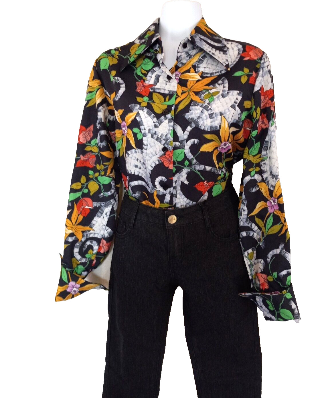 70’s Contessa Monique Florence Alper Floral Dagger Collar Cuffed Shirt Size 10