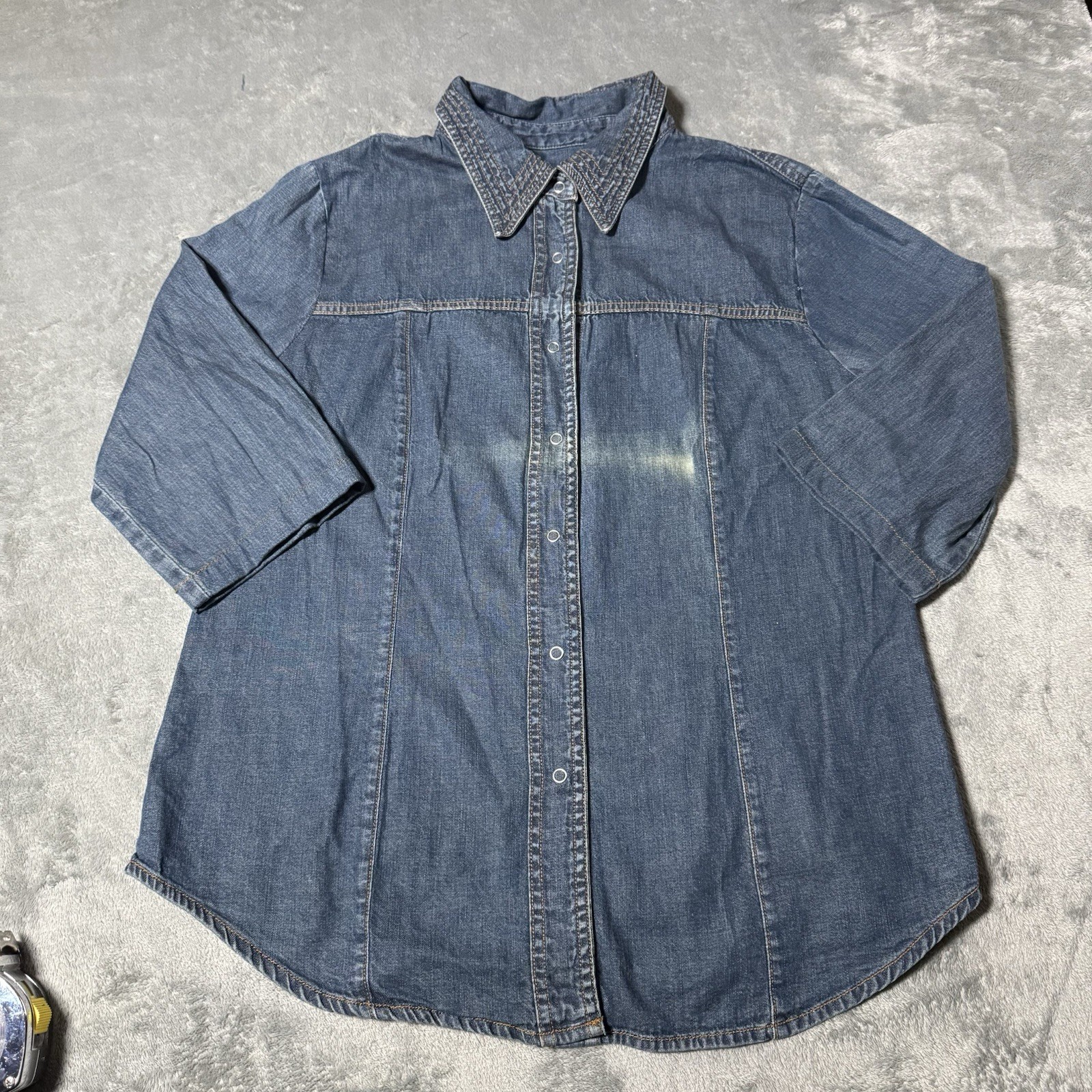 VTG 80s Womens Denim Sharp Collar 3/4 Sleeve Button Snap Shirt Size L 21×27
