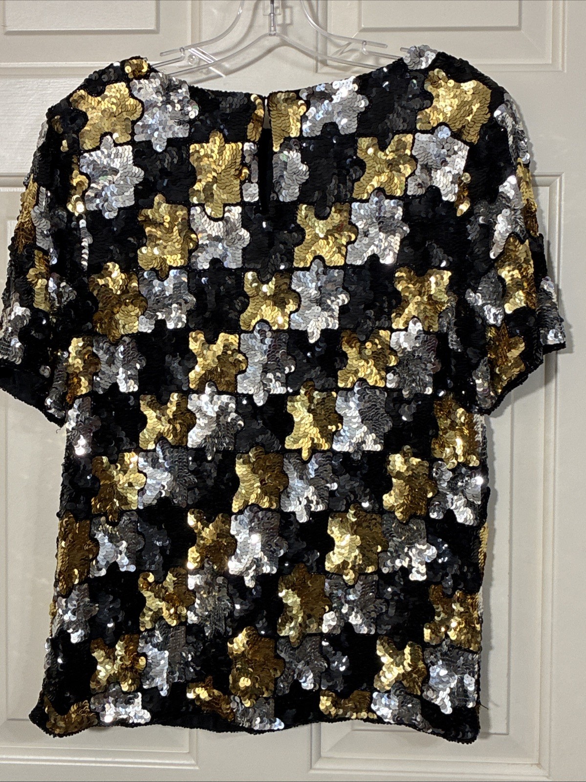 Vintage Modi Silver Gold Black Sequined Silk Evening Cocktail Top Women’s M