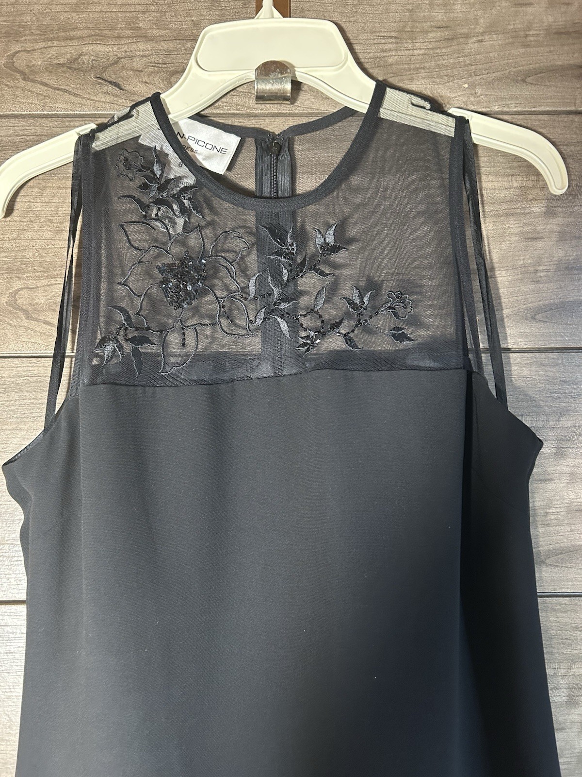 Y2K Evan-Picone Black Sheath Cocktail Dress Mesh Yoke W/Embroidery&Beading Size8