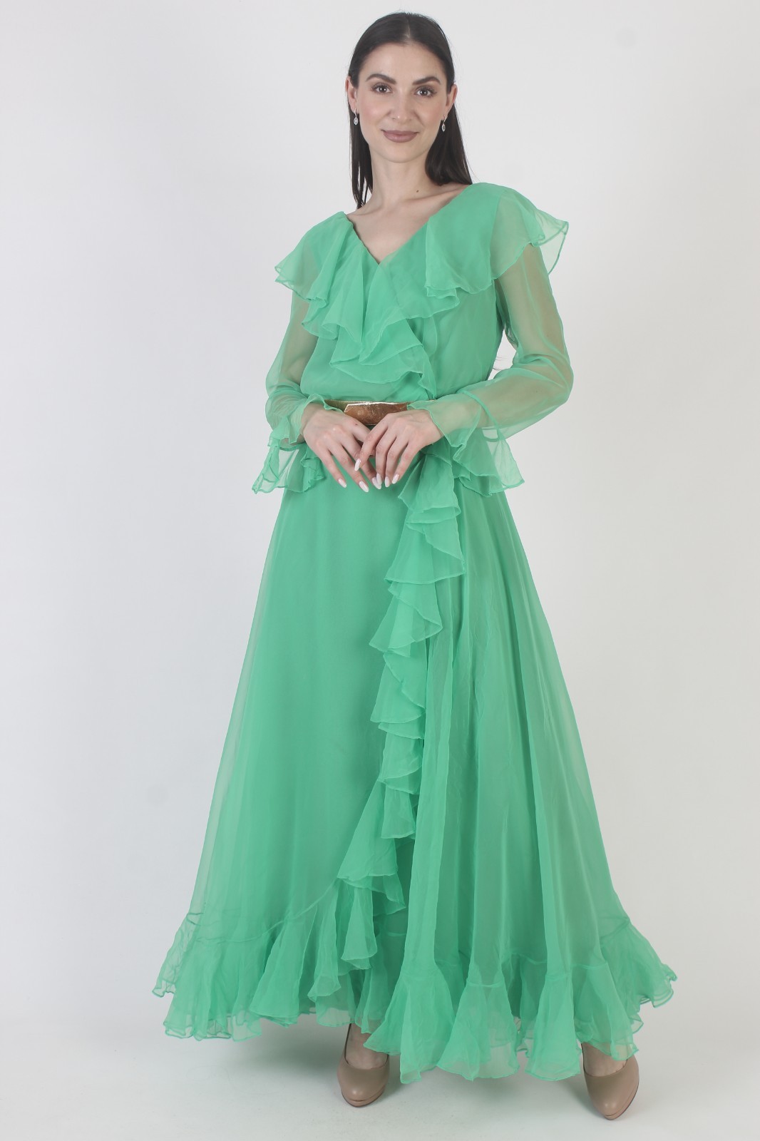 Vtg Green Chiffon Dress Cocktail Party Disco Sexy Grecian Goddess Lounge Maxi