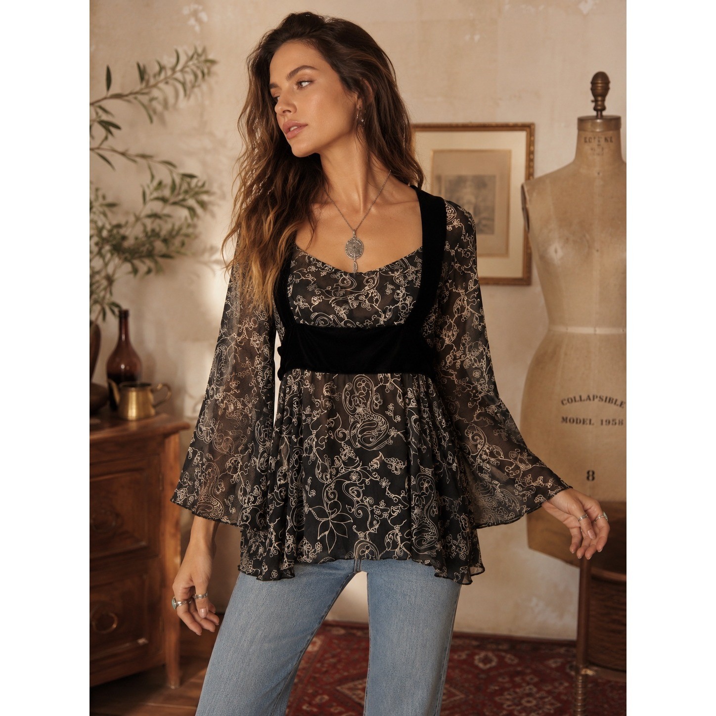 Studio M Mesh Tunic Women M Black Velvet Floral Bell Sleeve Whimsigoth Y2K NWT