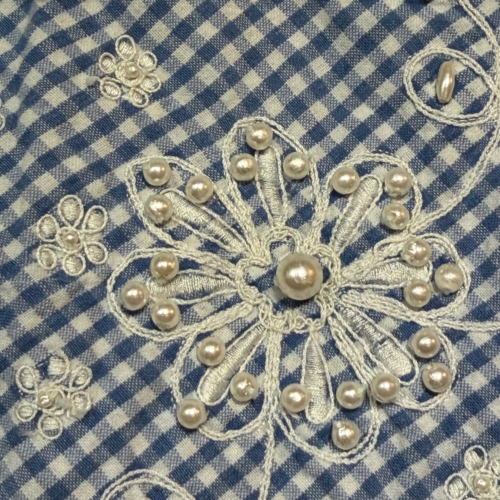 Vintage Western Gingham Embroidered Pearl Button Down Shirt Blue White XL 2XL