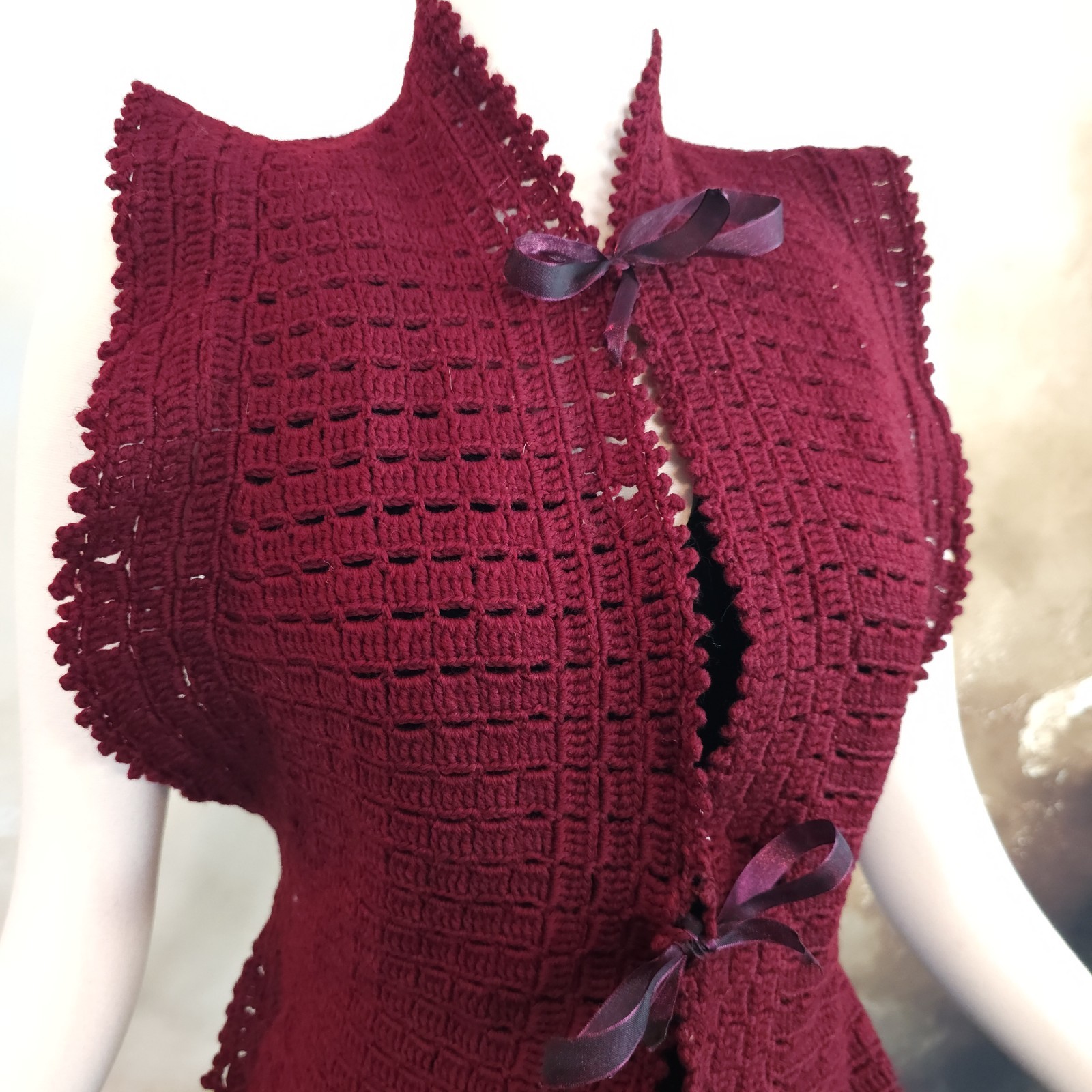 Burgandy Red Crochet Antique Vest 1920s 1930s Art Deco Sweater Shawl Bow Ties…