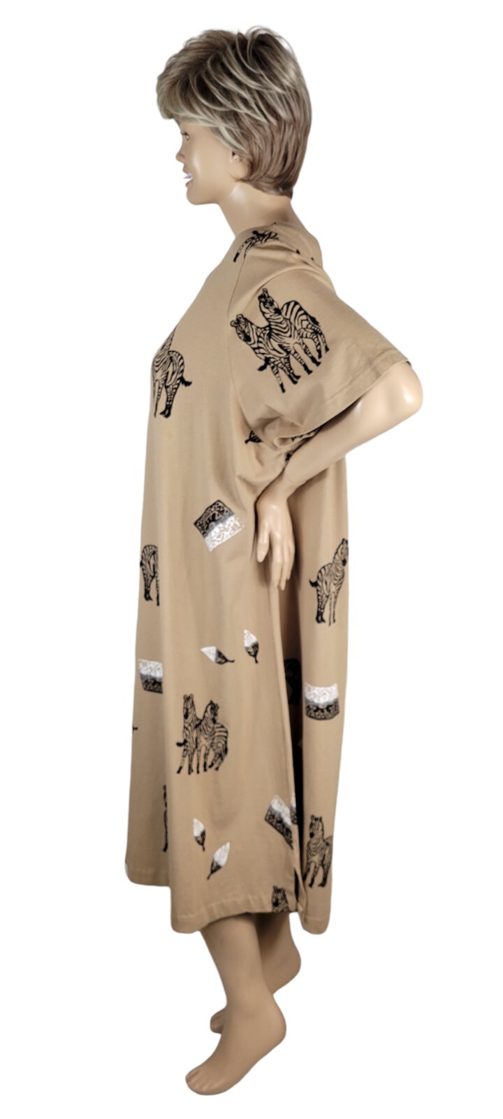 Vintage Copa Cabana Original Tan Safari Black White Zebra Cotton Shirt Dress 4X
