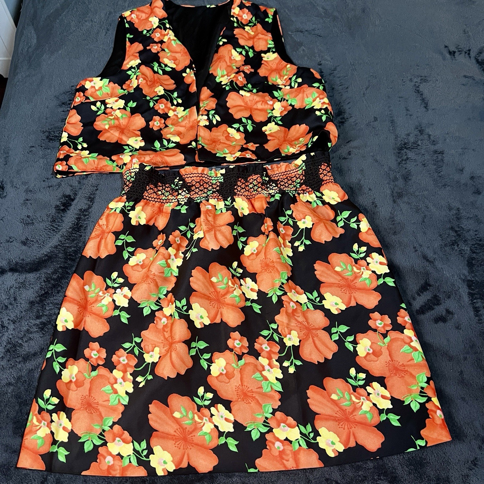 Vtg Wms 2Pc Floral Coral Vest Mini Skirt Retro Preppy Mod Boho Casual Set M/L