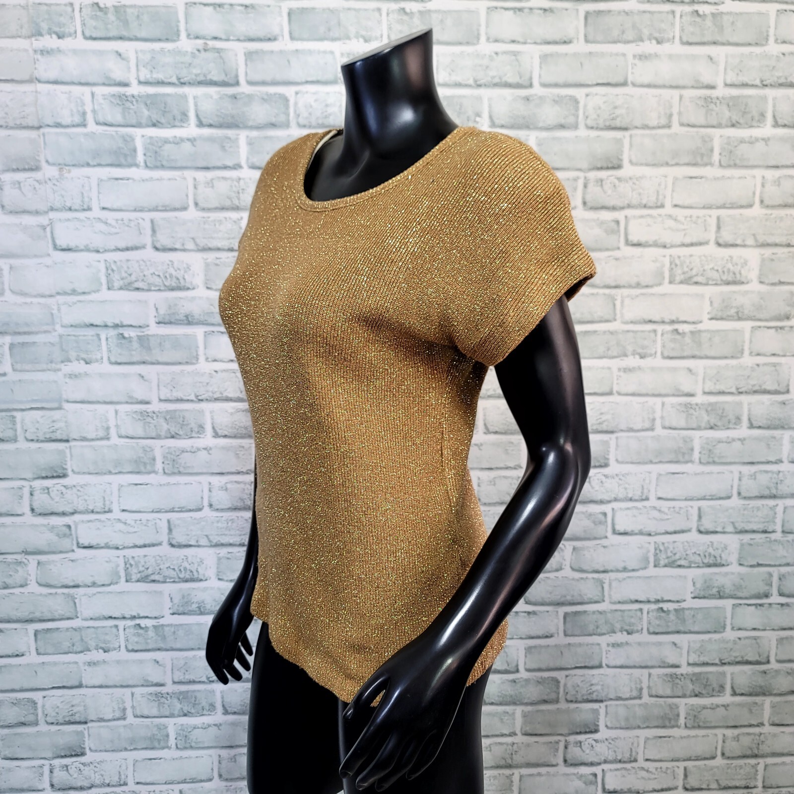 Vintage 90s City Girl Sport Gold Metallic Knit Cap Sleeve Top Shoulder Pads