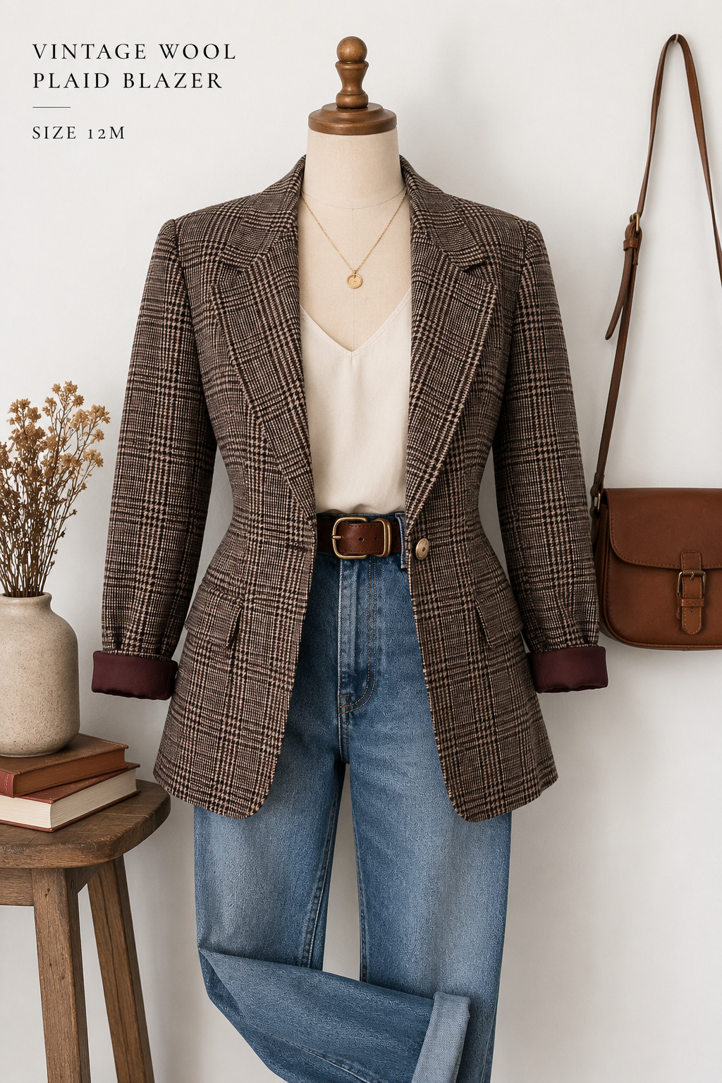 Vintage Toffs 100% Wool Plaid Blazer Jacket Womens 12M Brown Tailored Equestrian