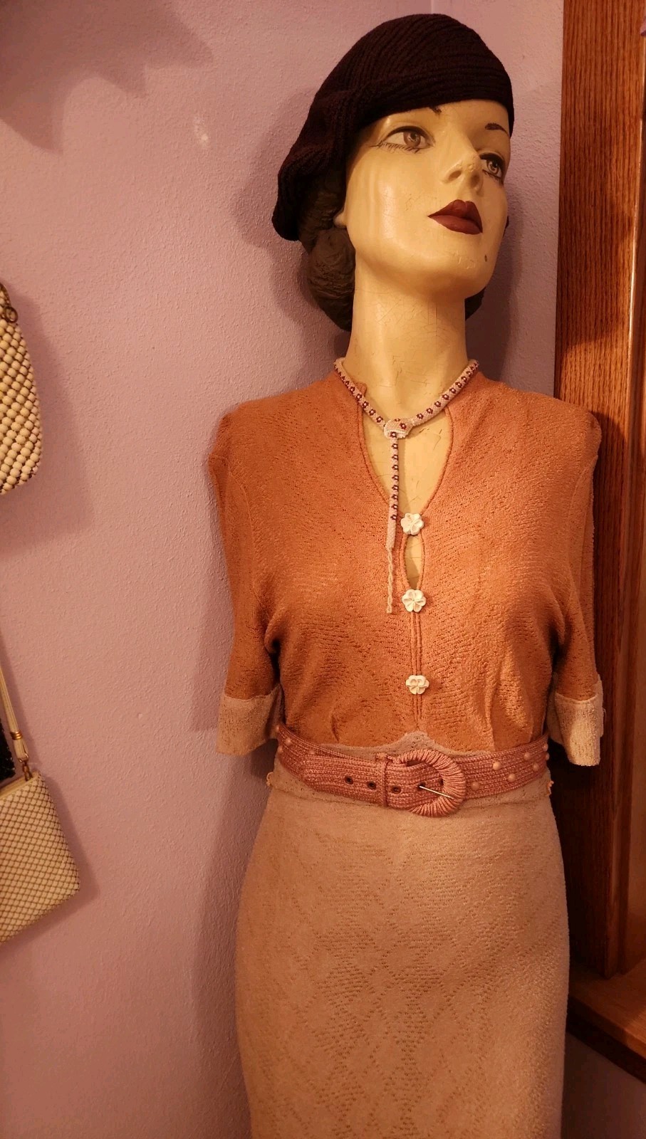 Vintage 1930s Two Tone Tan Knit Rayon Dress S