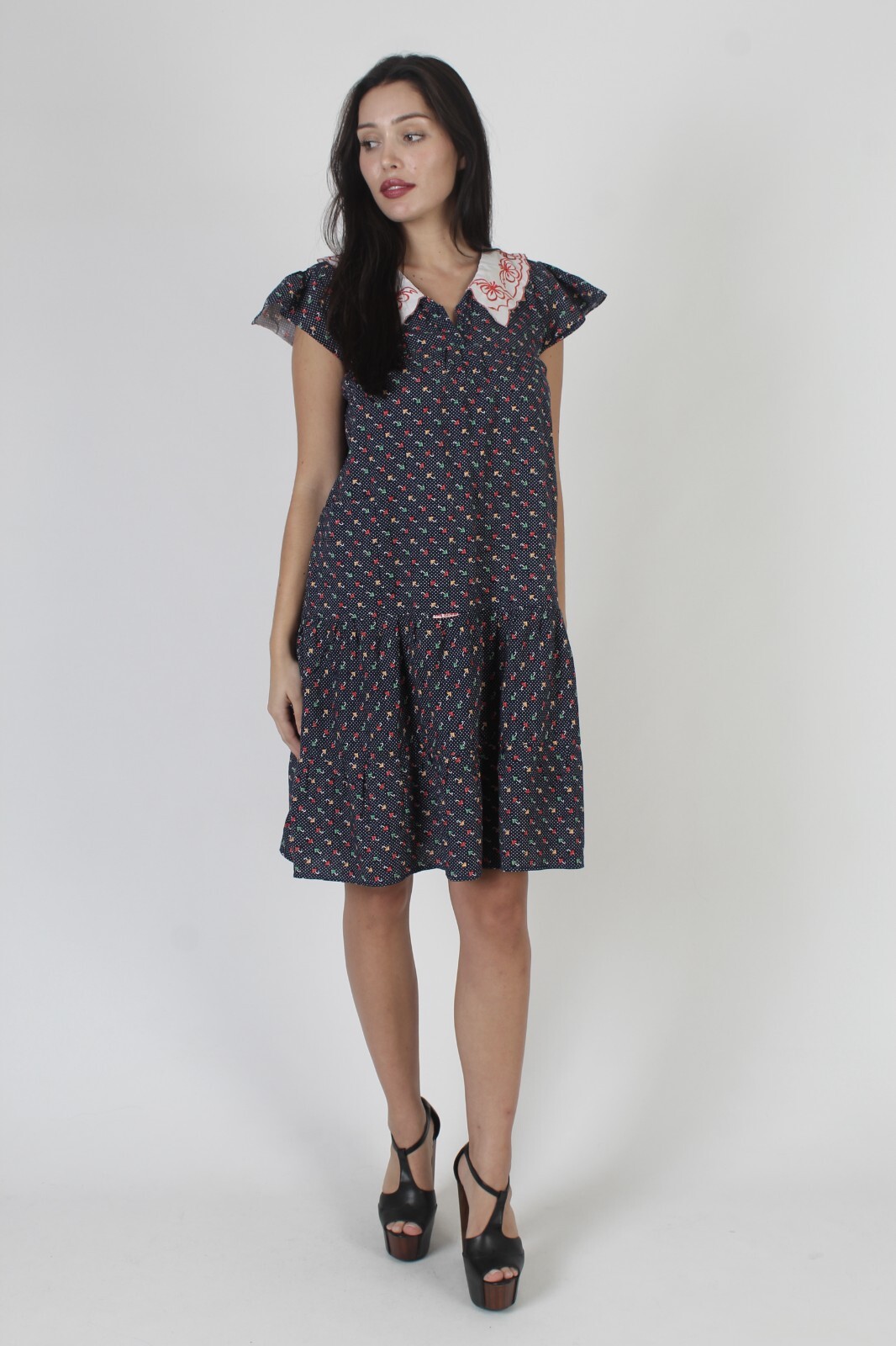Vtg 70s A Line Novelty Umbrella Print Swiss Polka Dot White Collar Tent Dress