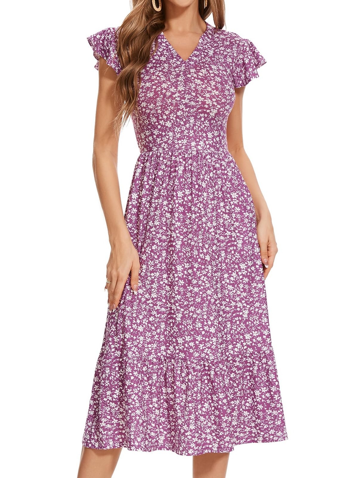 YIOYOLA Midi Dresses for Women 2026 Casual with Pockets Ruffle Sleeve Notched…