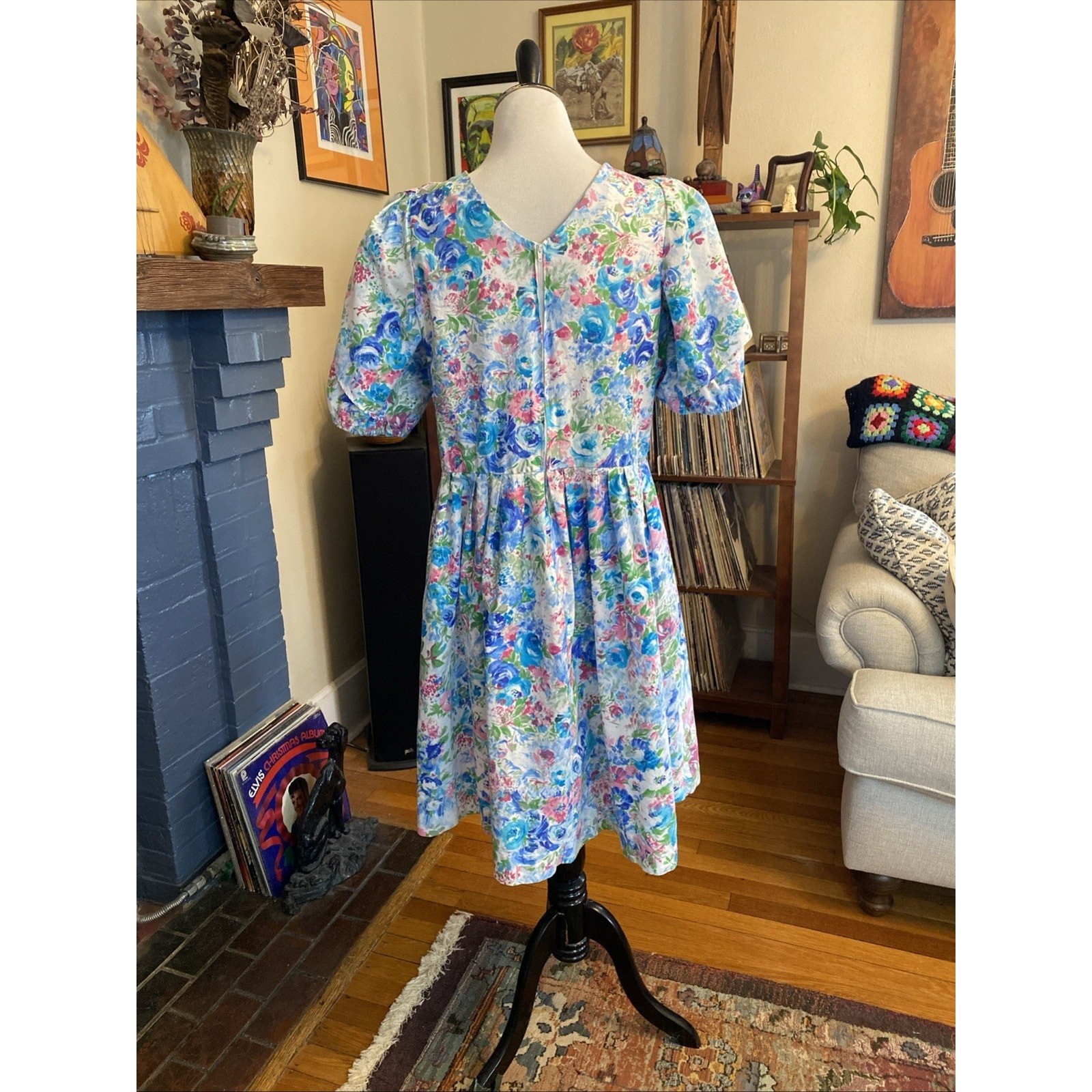 Vintage In Cinq Floral 1980s Tea Dress Puff Sleeve Feminine Midi Cottage 18 L/XL