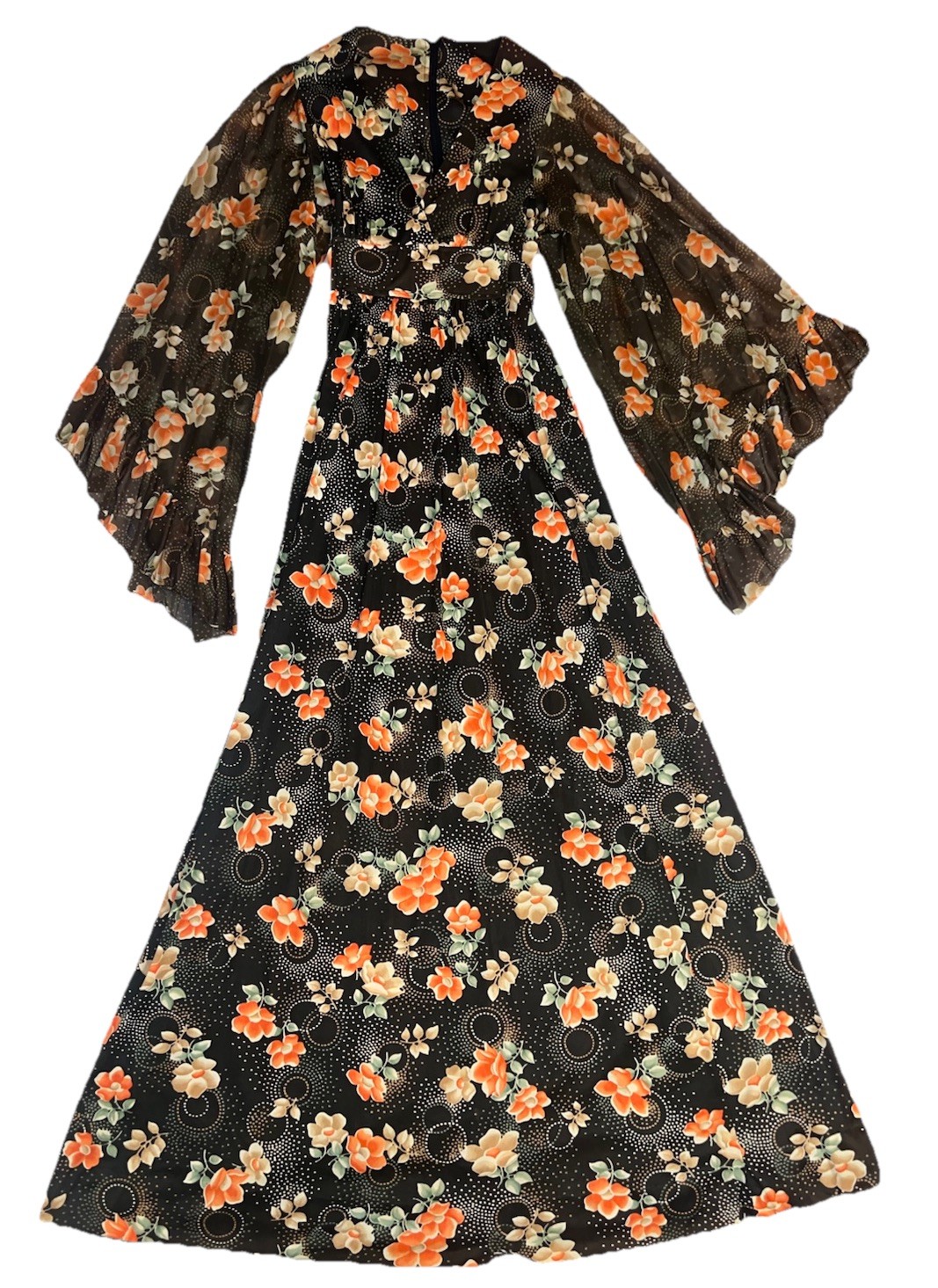 Vintage 1970’s Boho Cottagecore Floral Print Bell Sleeve Dress ILGWU Union Made