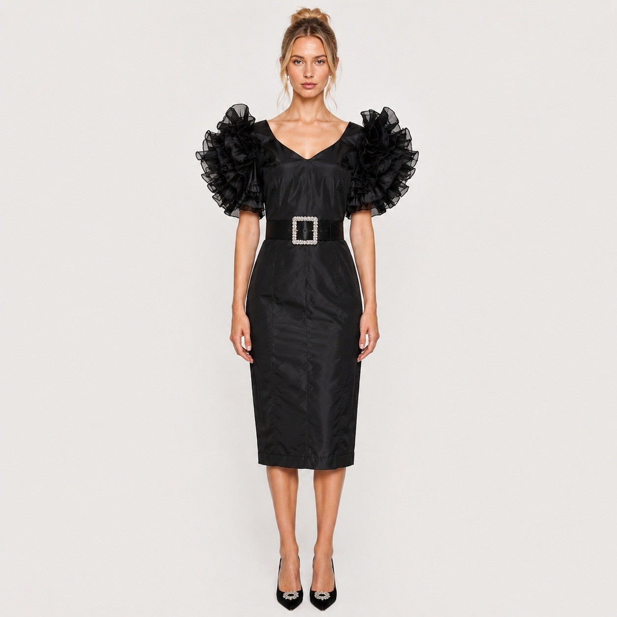 Vintage 80s Dress Black Ruffle Exaggerated Puff Sleeve Sheath Cocktail Party