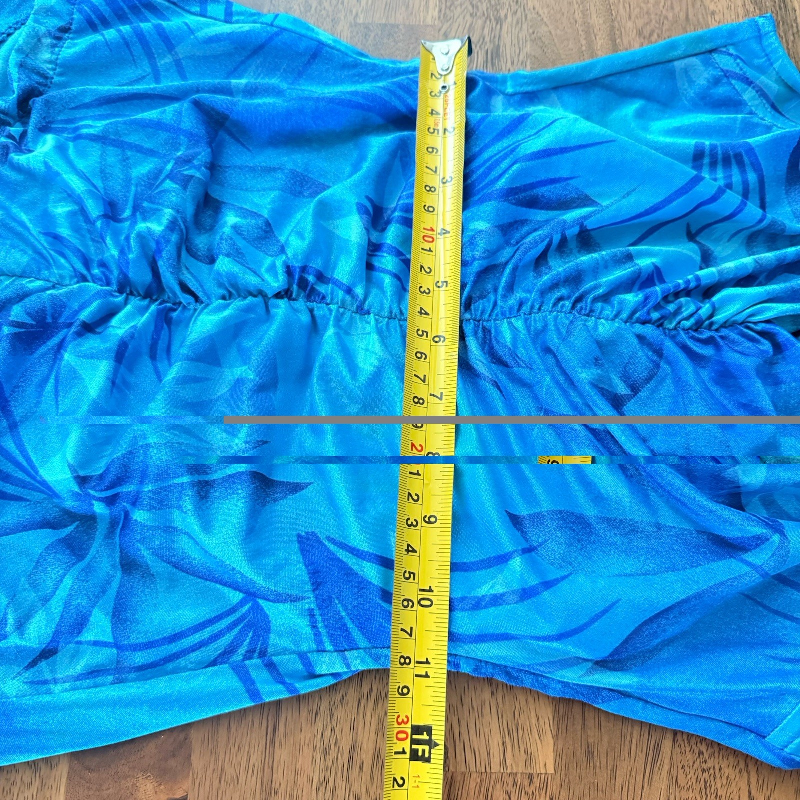 Vintage Maxine of Hollywood One Piece Swimsuit 12 Ruched Blue Palm Leaf 90s