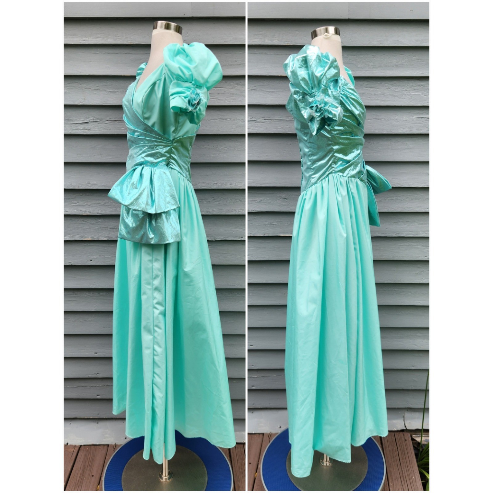 Vintage 80s Prom Dress Teal Metallic Lamé Puff Sleeve Maxi Bow Small