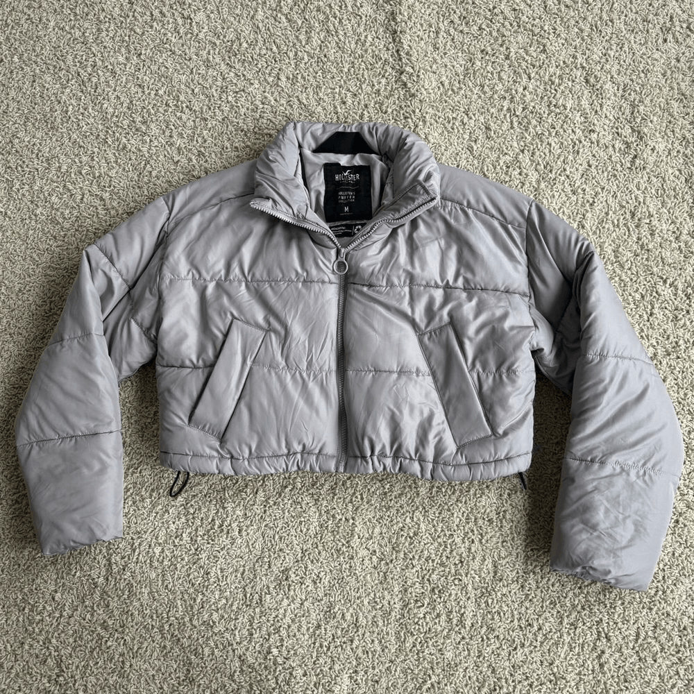 Hollister Mini Puffer Jacket Coat Size Medium Grey Tan