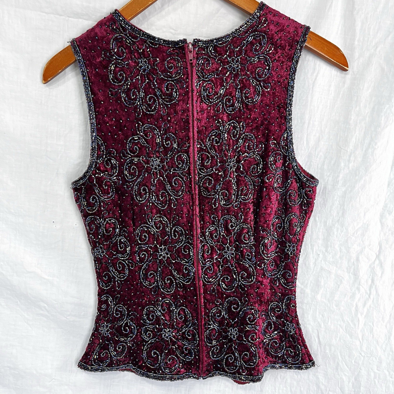 Vintage Paradise NY Beaded Velvet Floral Sleeveless Top Maroon Zip Size Small S