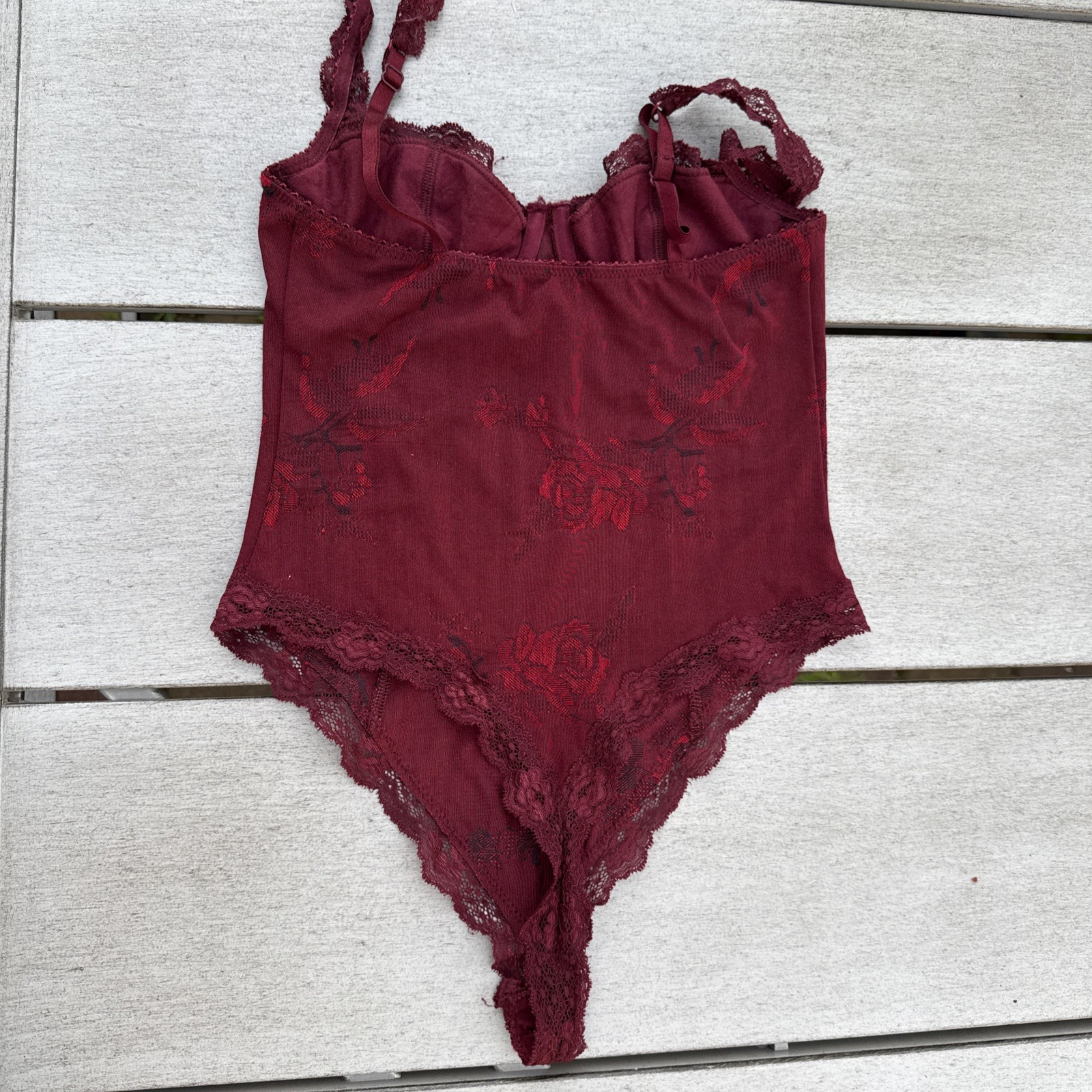 VTG 90s ARIANNE Medium Cranberry Lace Trimmed Underwire Teddy Lingerie Boudoir