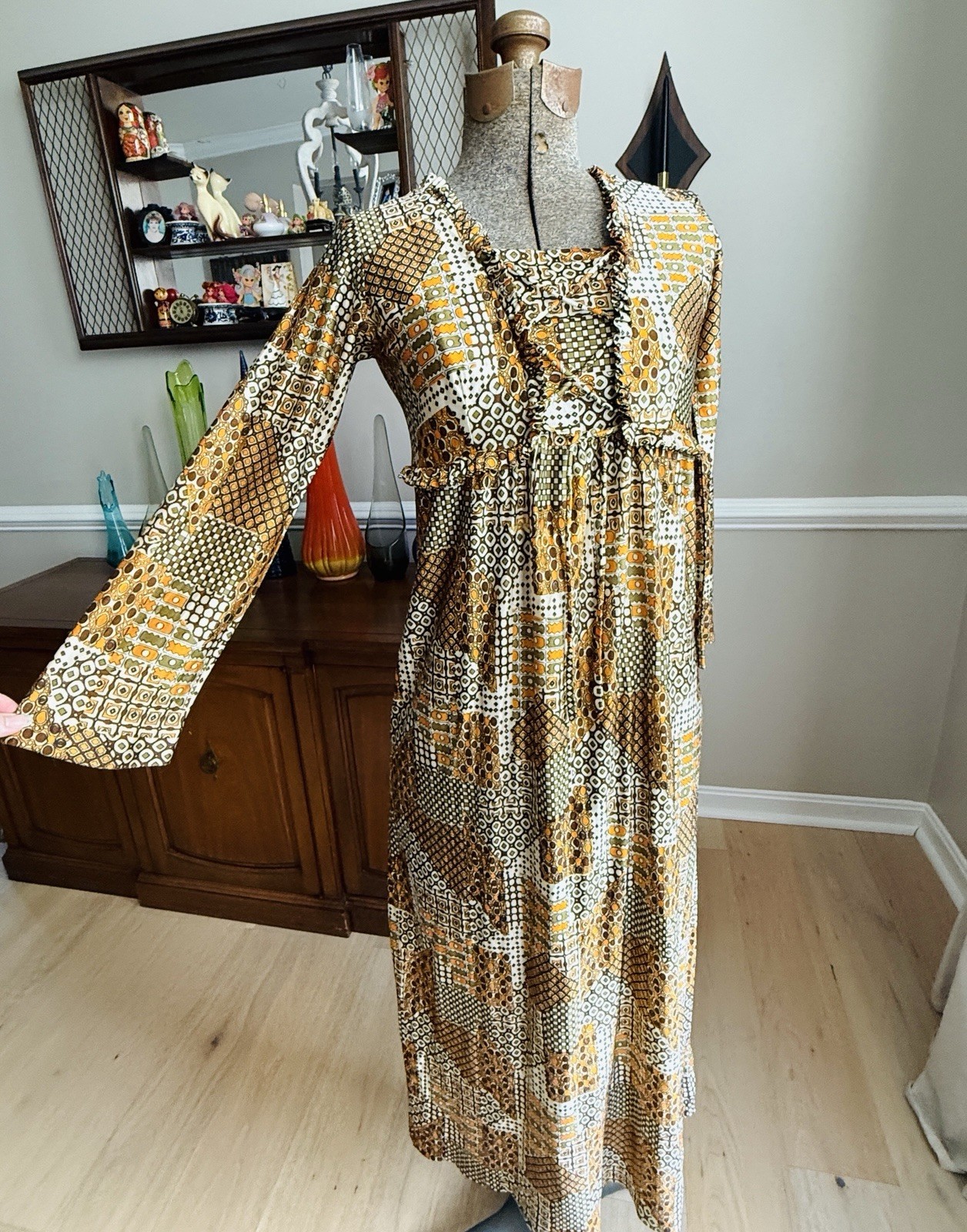 Vintage 70s Funky Print Brown And Orange Lace Up Midi Dress Size S