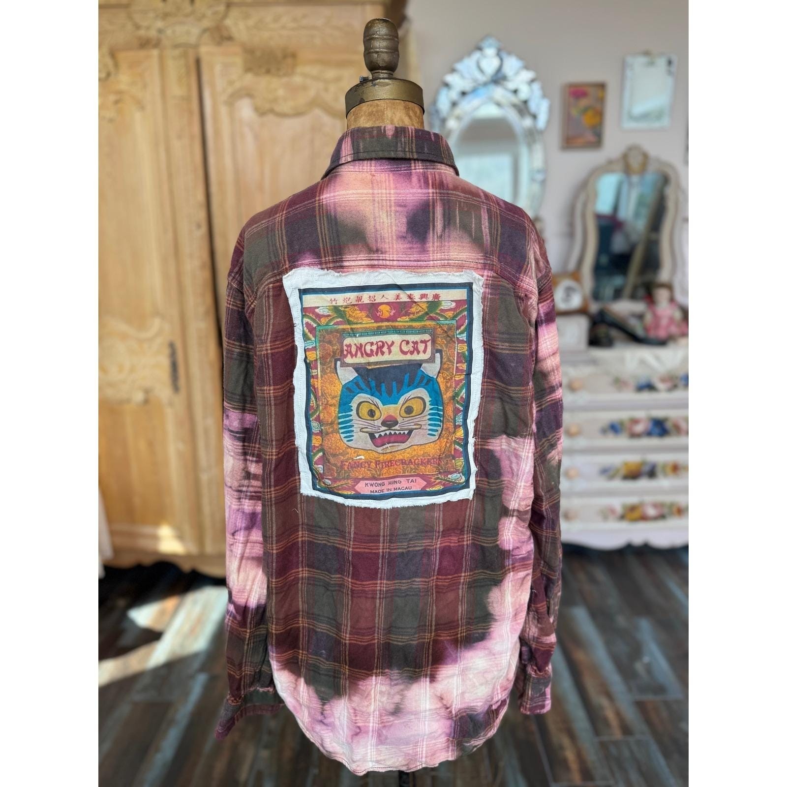 Upcycled Flannel Shirt Angry Cat Patch Grunge Art Large