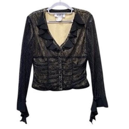 Joseph Ribkoff vintage Lace Blouse Women 6 Black Ruched Ruffle 90s Y2K top