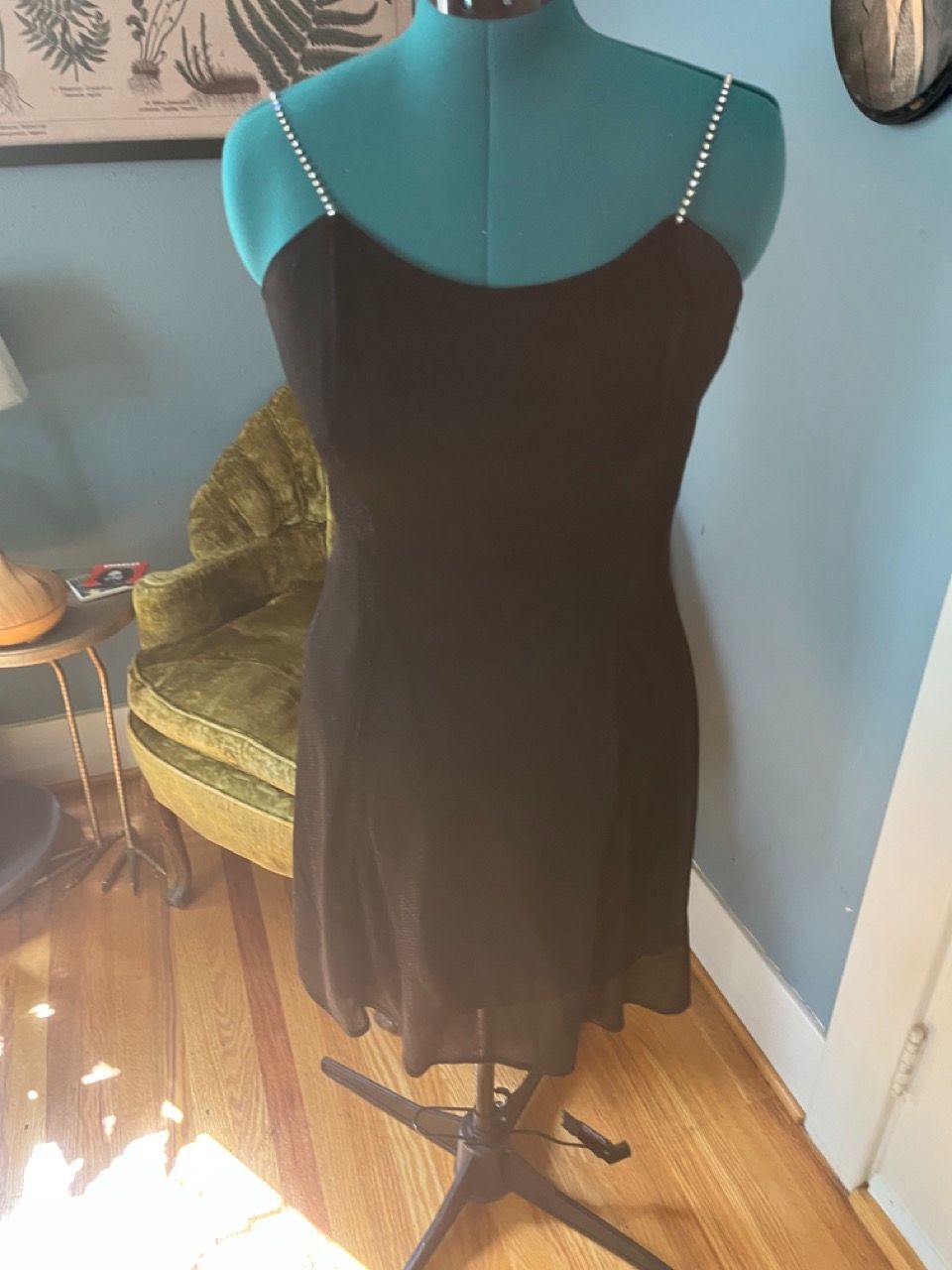 Vintage 90s-00s Black Cocktail Dress with Rhinestone Straps + Mesh Overlay