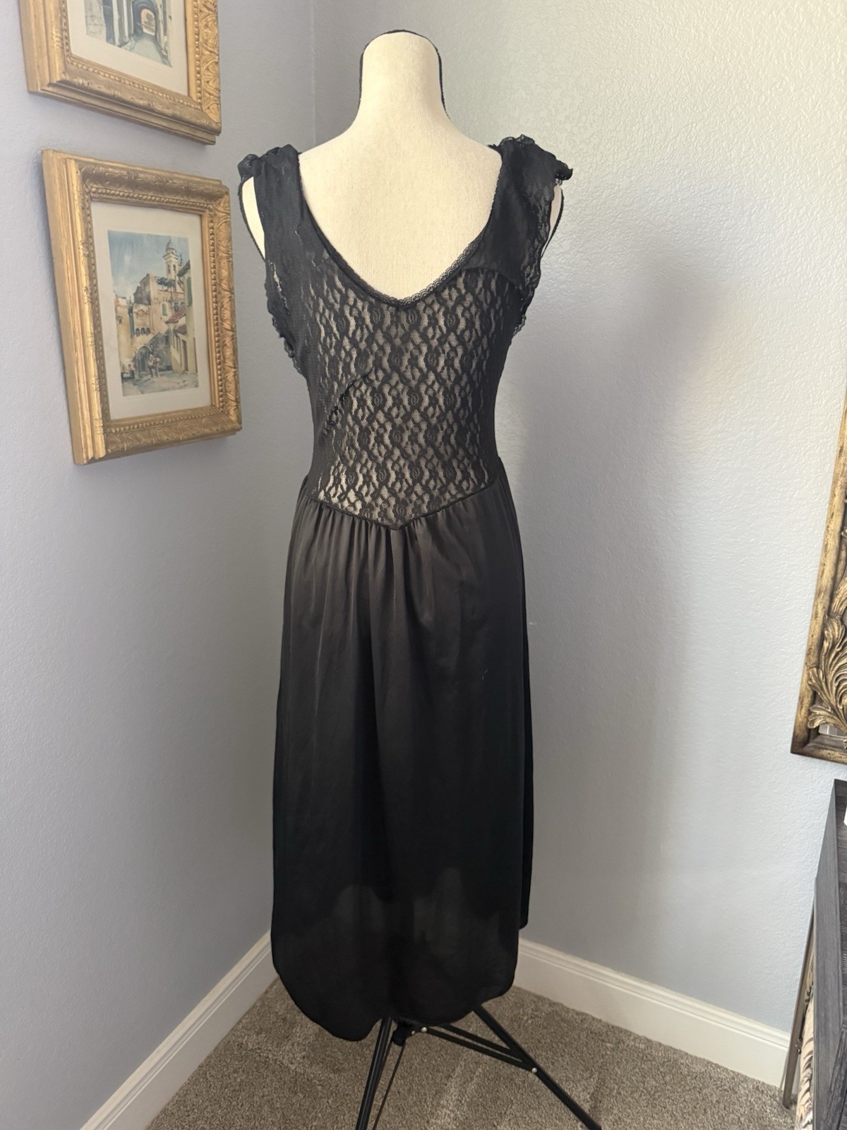 Vintage Black Nylon Slip Dress Dark Coquette Babydoll Lace Festival Rave Witchy