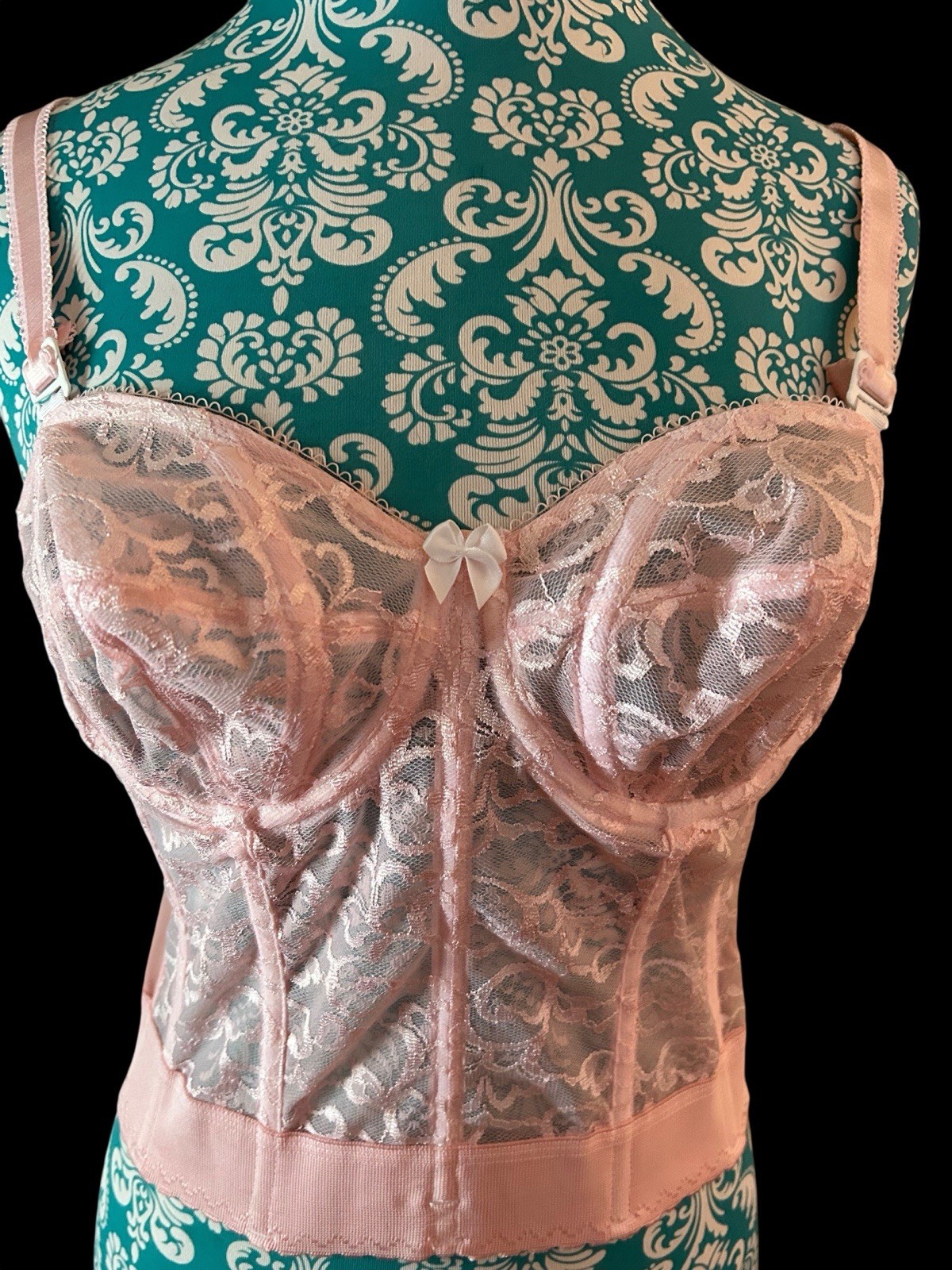 Vintage Corset Bustier Pink Lingerie Bra Crop Top Romantic Coquette Lace 36B Bra