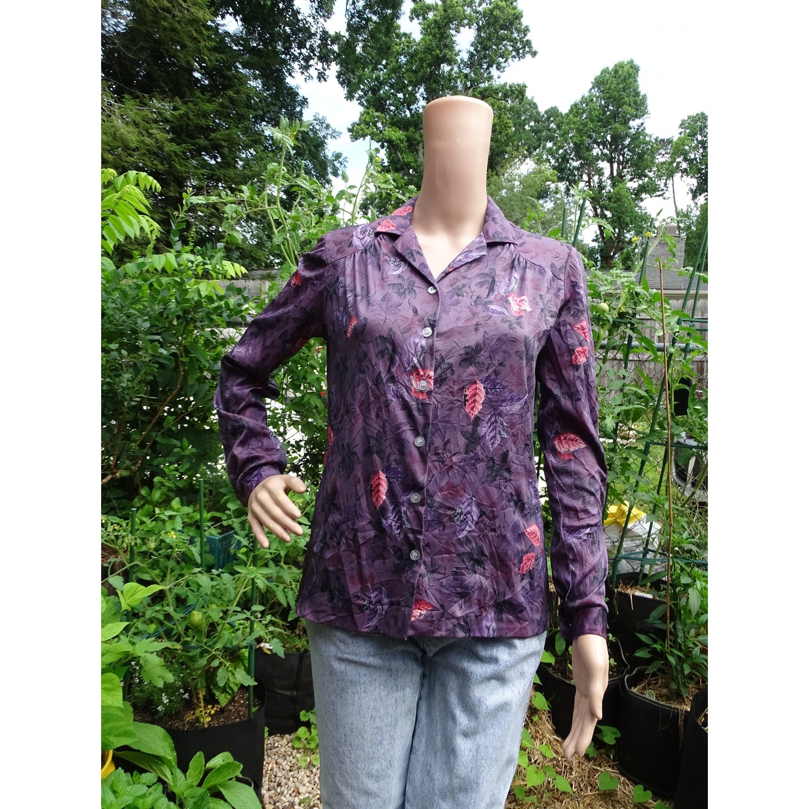 Bon Worth Vintage 90s Purple Floral Button Up Shirt Blouse Women Size 10 Small M