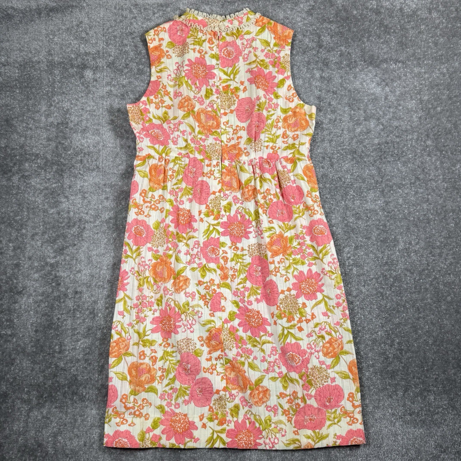 60s 70s Shift Dress Handmade Pink Orange Floral Sleeveless Ruffle Neckline