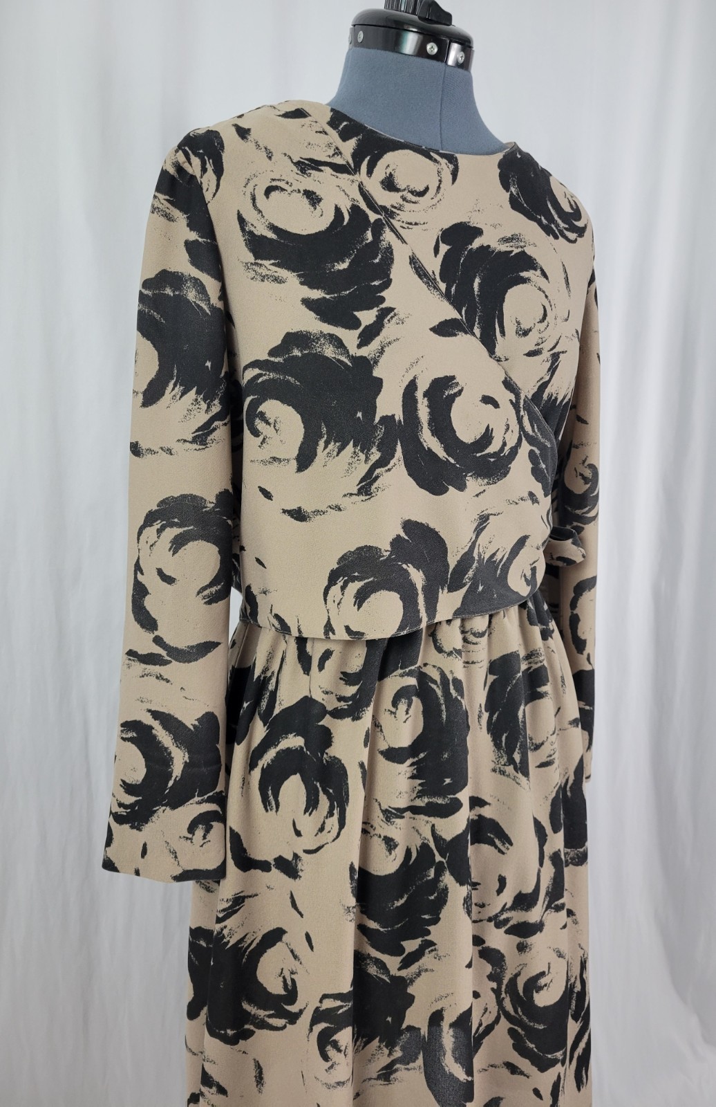 Vintage Marti Petite Brown & Black Blouson Dress w Overlay Wrap Size 16