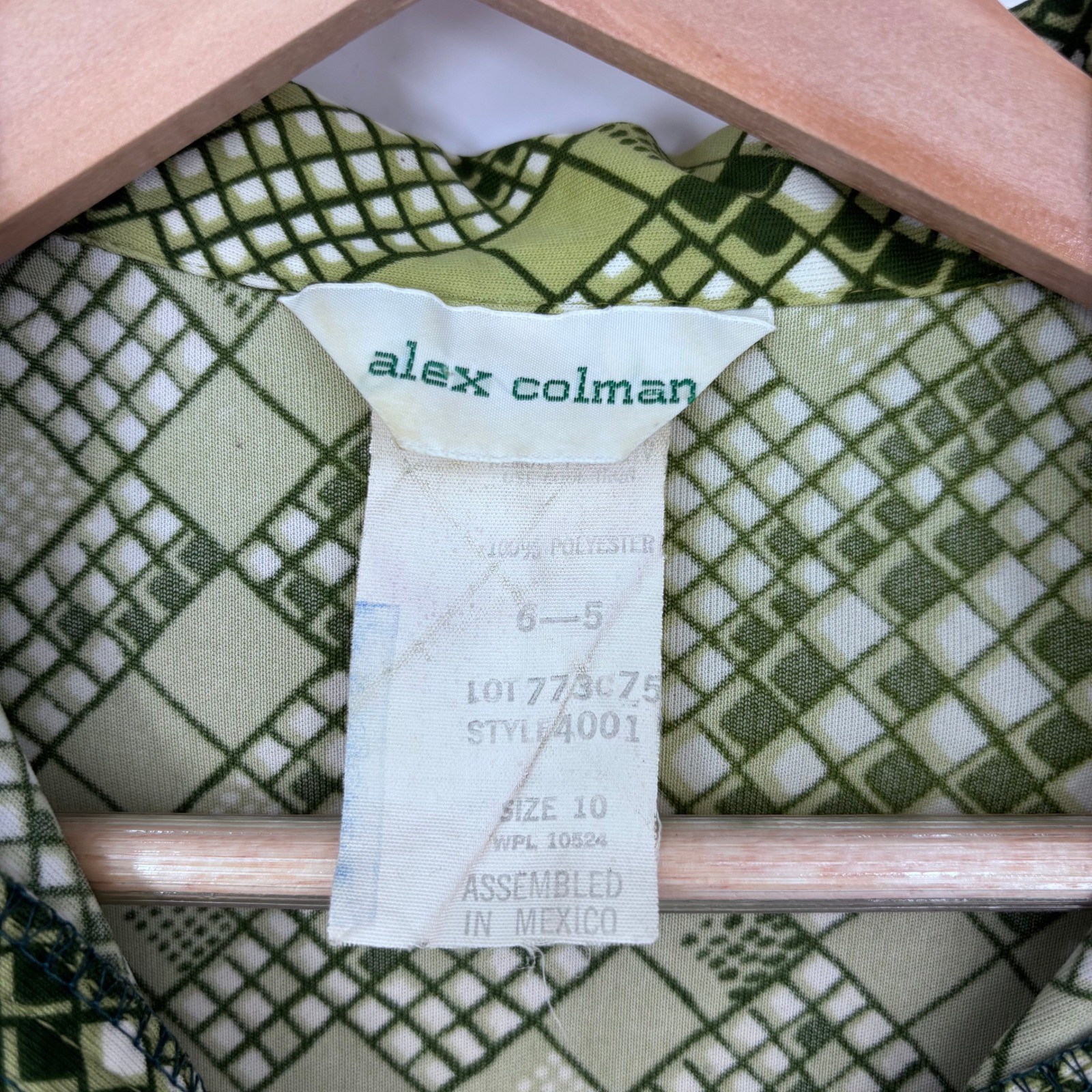 VTG 70s Disco Shirt Womens 10 Green Geometric Alex Colman Blouse Mod Retro Funky