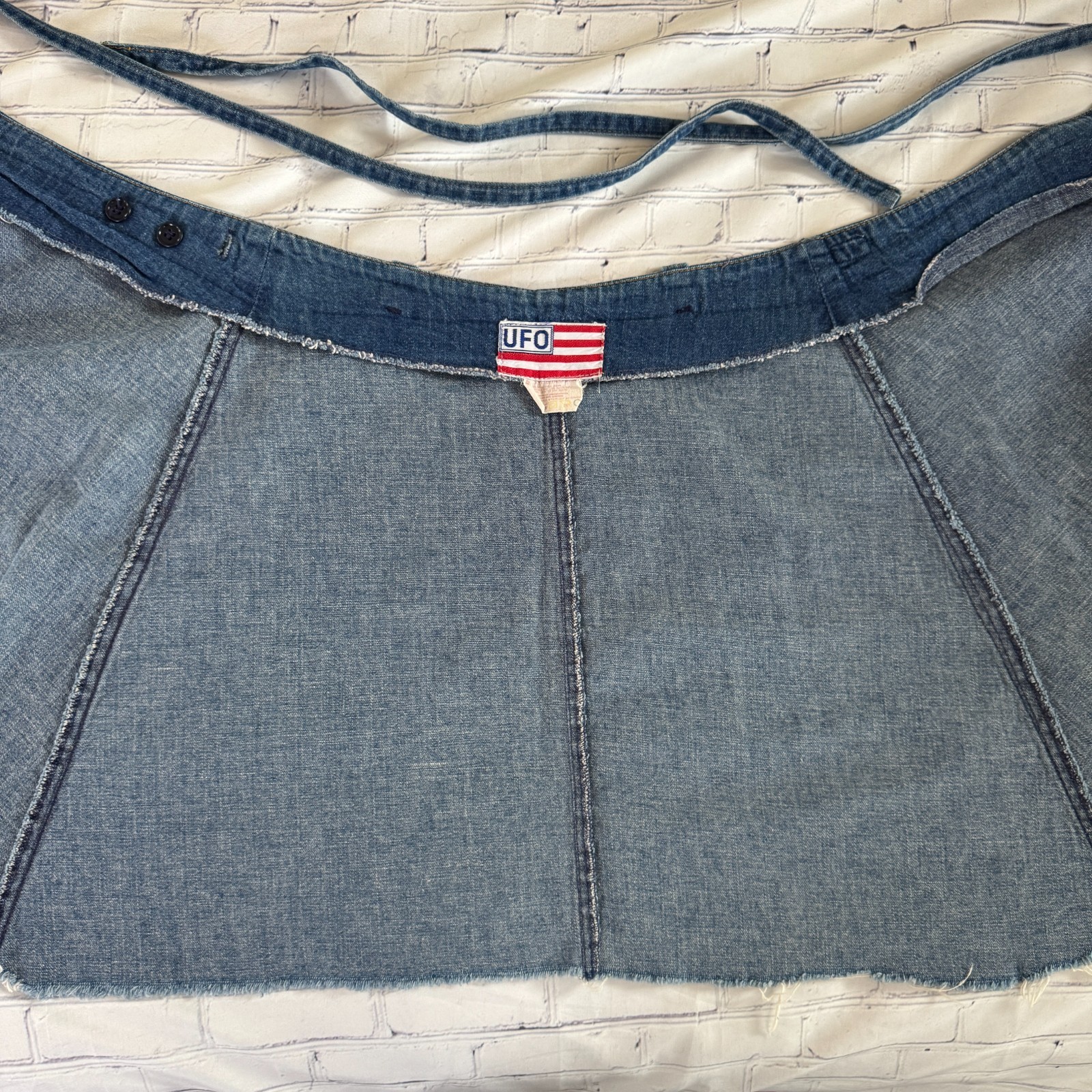 70s vintage UFO JEANS Denim Cut-off Wrap Mini Skirt USA NY American Flag Patch