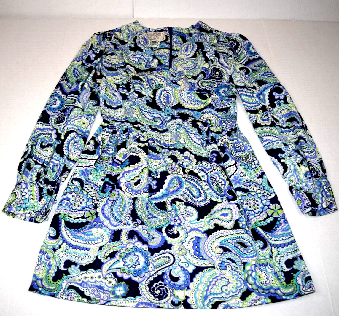 Vintage Dress Sundays Child California Size L 70s Blue Green Paisley Sheen
