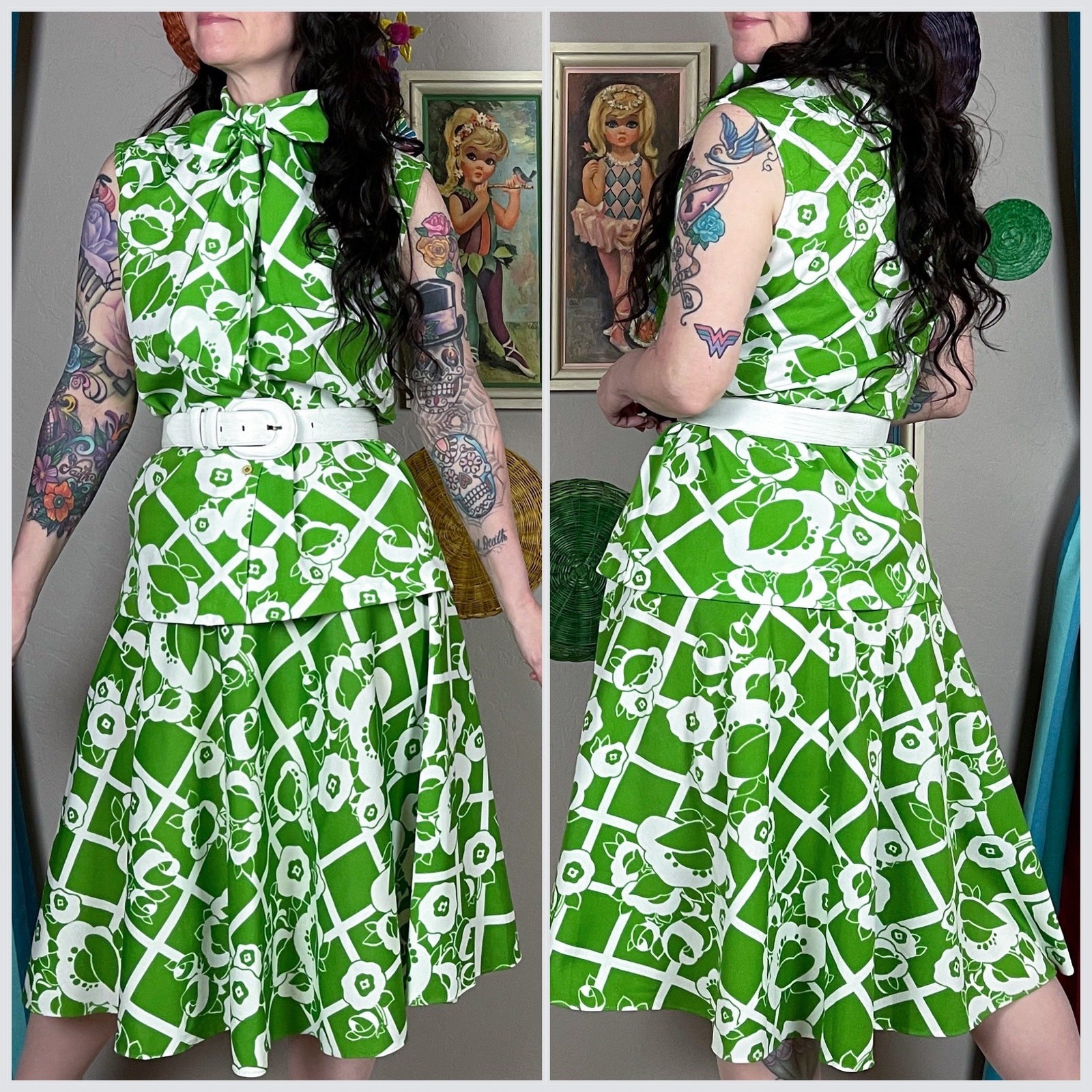Vintage 1970s Lime Green 2-Piece Sleeveless Top and Skirt Set | 31″-32″ Waist