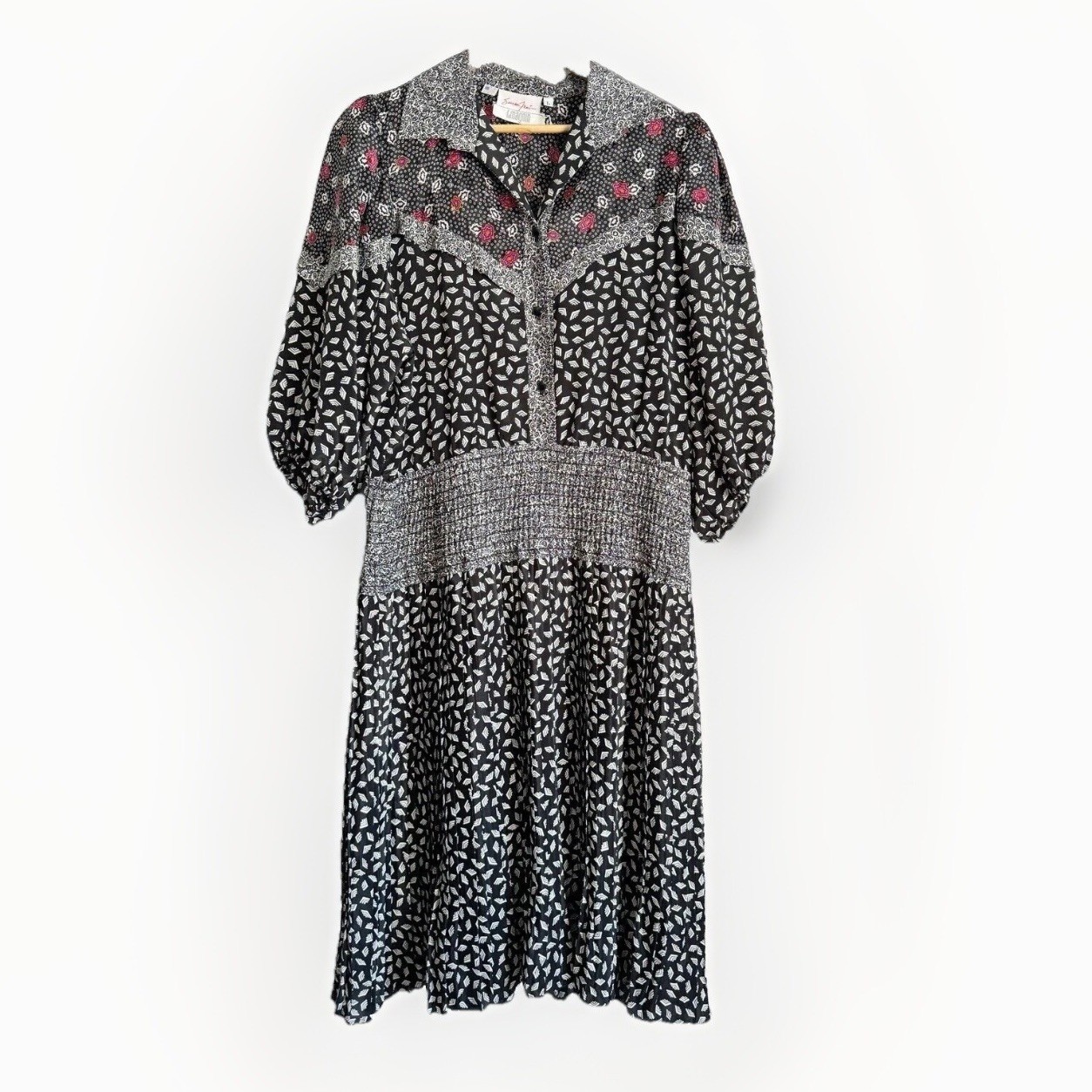 VTG Susan Freis Womens Large Smocked Waist Dress Mixed Print Puff Sleeve Cottage