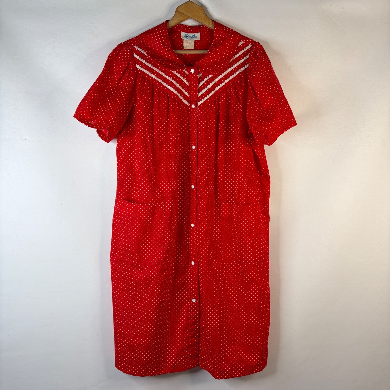Lara Dee House Dress Womens 38 Red Polka Dot Vintage Button Front Rick Rack Trim