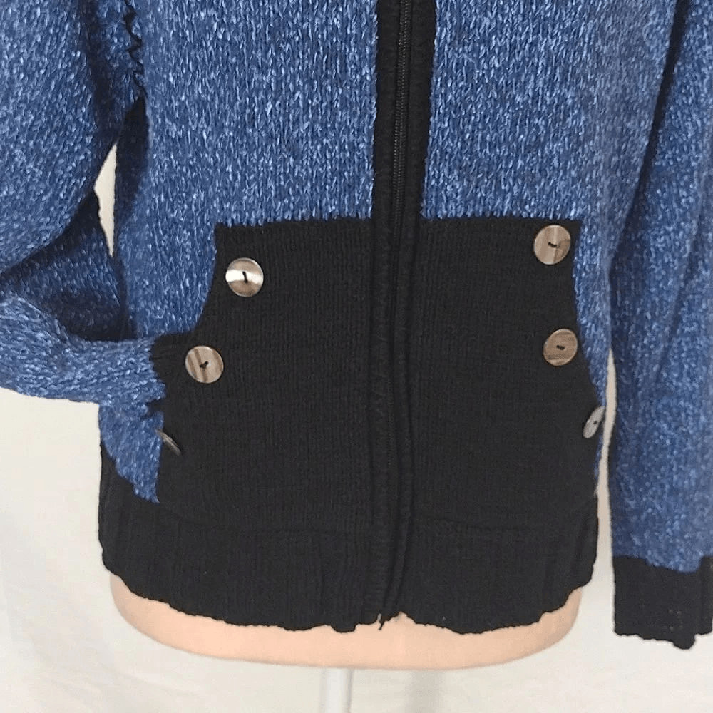 VTG 80s 90s Fia Italia Handloomed Blue Black Knit Zip Cardigan Sweater XL