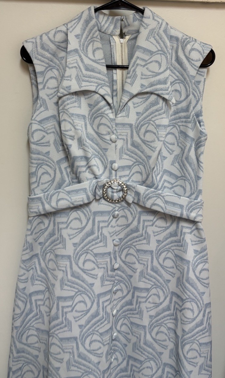 Vtg 60s 70s Mod Blue Silver Metallic Lounging Maxi Dress Hostess Dressing Gown 6