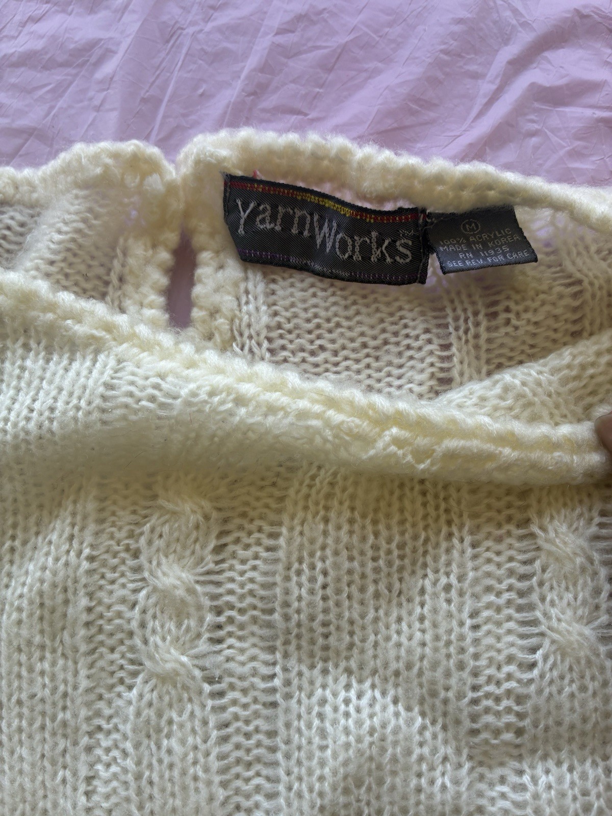 YarnWorks Women’s Vintage 70s 80s Ivory Knit Pullover Sweater Long Sleeve Sz M